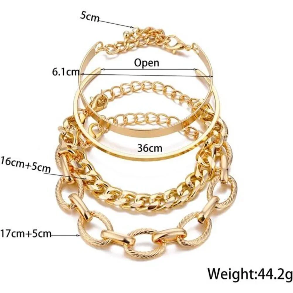 Trendy 4-Piece Gold Bracelet Set for Women – Chunky Chain, Minimalist Cuff
